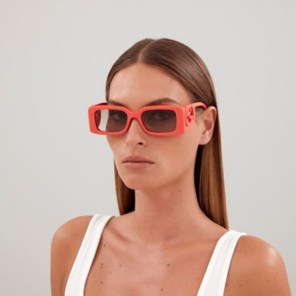 SALE! NEW Gucci GG1325S 005 Red Brown Gradient Rectangle Women Sunglasses - Picture 3 of 13